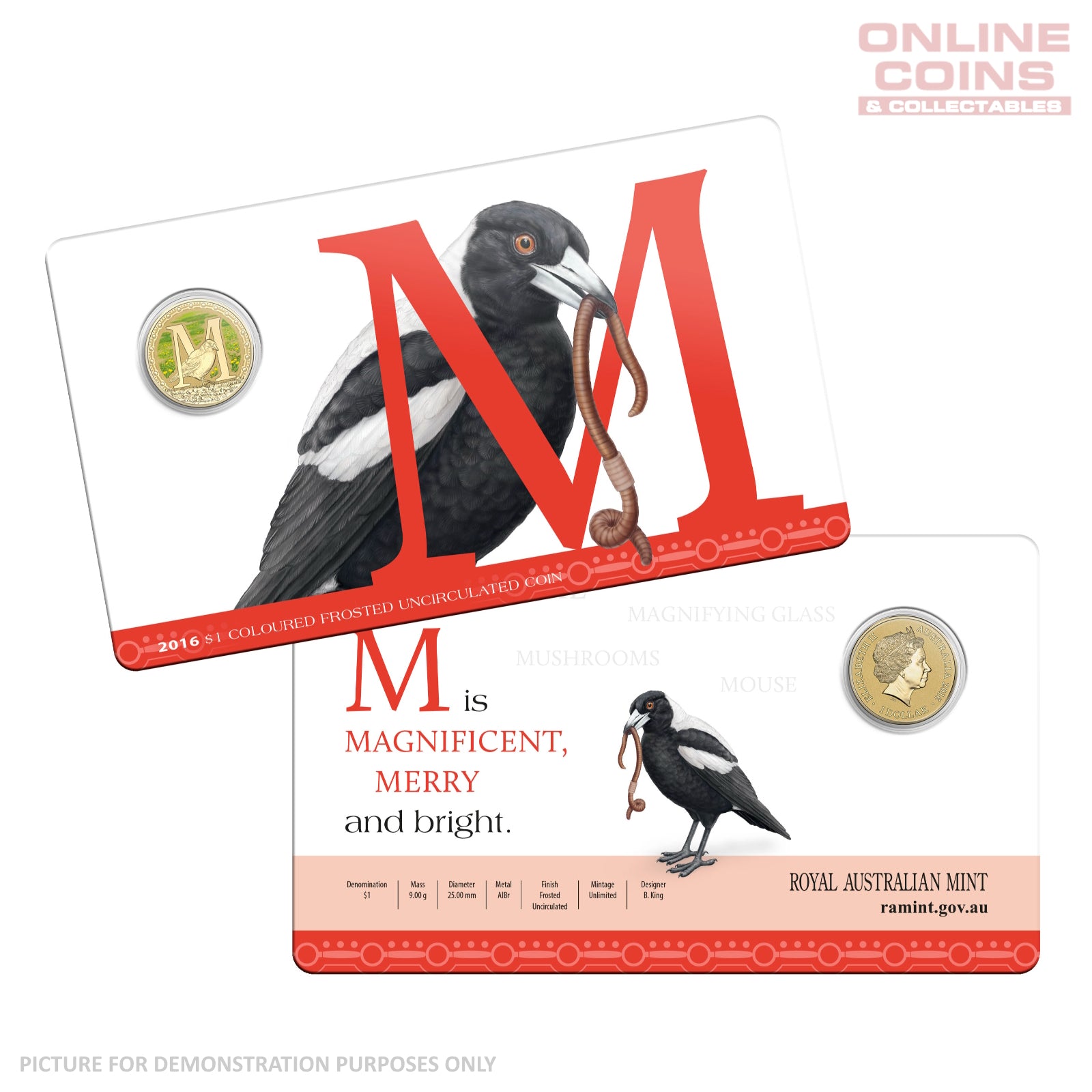 2016 $1 Coloured Alphabet Frosted Coin In Card - M For Magpie